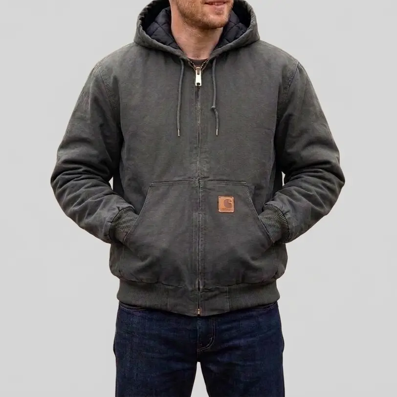 Carhartt J130 Men’s Heavy Washed Canvas Quilted Hooded Work Jacket, Insulated Rugged Outerwear for Work, Outdoor & Daily Wear
