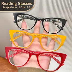 Men Women Spring Hinge Cat Eye Glasses +1.0 to +4.0 Strength Clear Transparent Vintage Floral Design, Single Item PC Frame