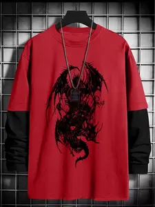 Gothic Dragon Pattern Loose Long Sleeve Round Neck T-Shirt, Fashion Street Casual Style, Comfortable Trendy Top Gift