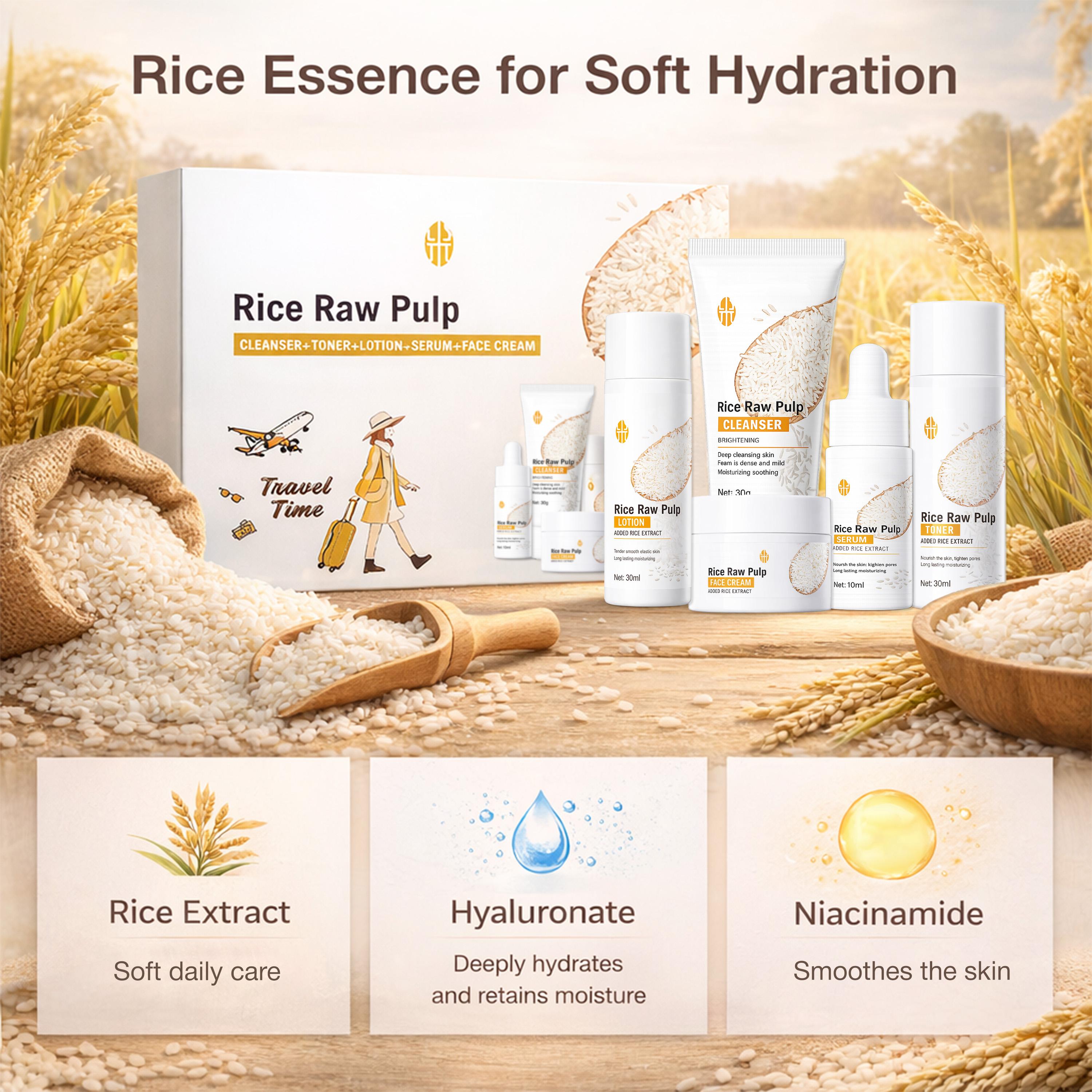 【Mother's Day gift】Rice Skincare Travel 5-Piece Set, Rice Extract Cleanser Toner Serum Lotion Face Cream, Daily Hydration Gentle Care Starter Set