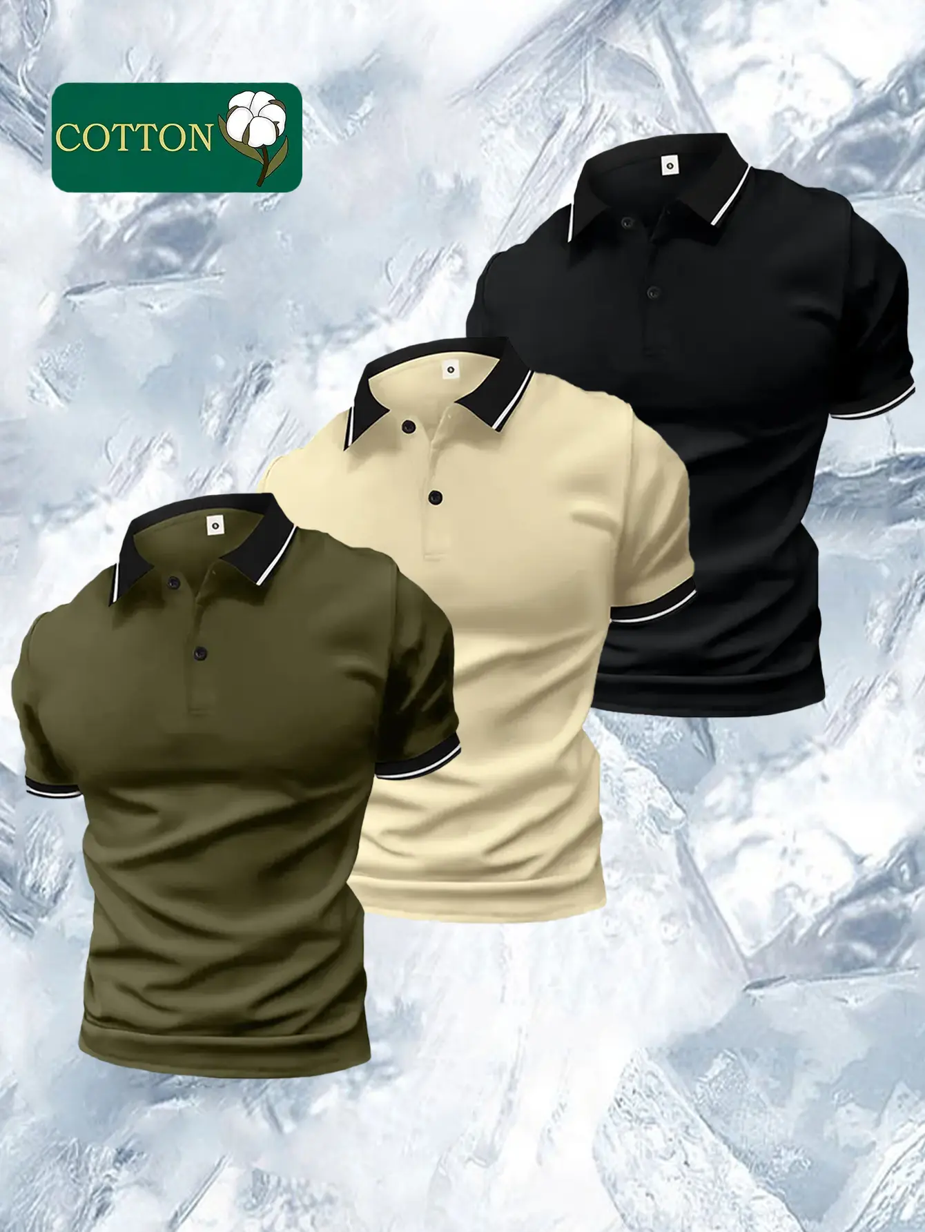 Men's 3-Piece Knitting Set - Premium Cotton Skin-Friendly Short-Sleeve Polo Shirt, Buttoned Collar, Slightly Stretchy Fabric, Basic Casual Athletic Top for Summer Workwear
