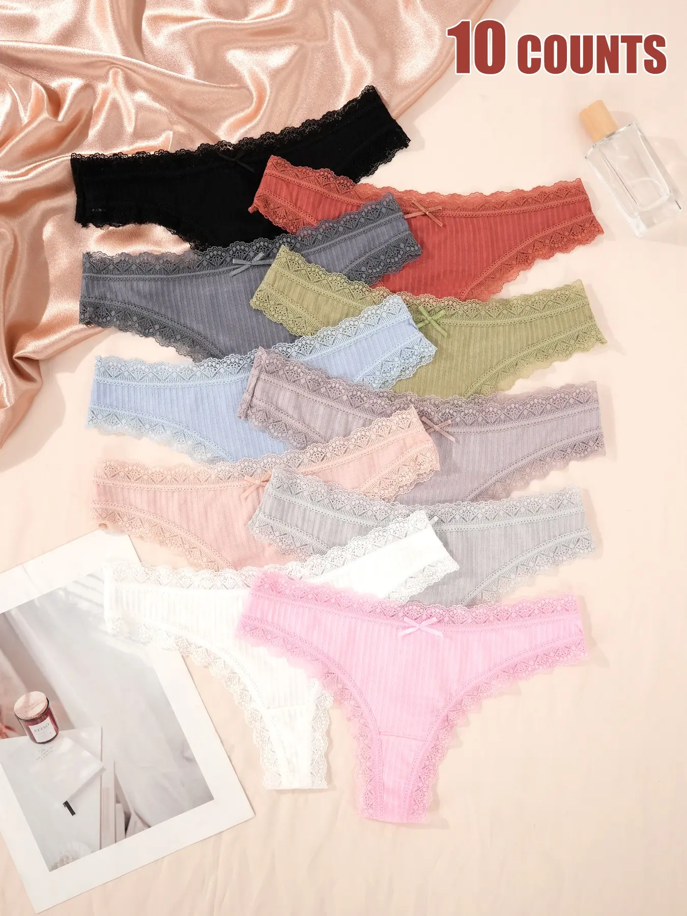 Lace Trim Sweet Girl Seamless Solid Low Waist Fitted Comfortable Breathable Everyday Women's Panties Fashion Comfy Underwear Breathable Comfy Panty, Casual Plain Thong Briefs for All Seasons
