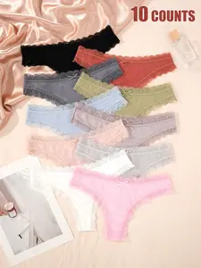 Women's Plain Bow Decor Lace Trim Thong, Casual Comfy Breathable Panty for Daily Wear, Ladies Underwear for All Seasons