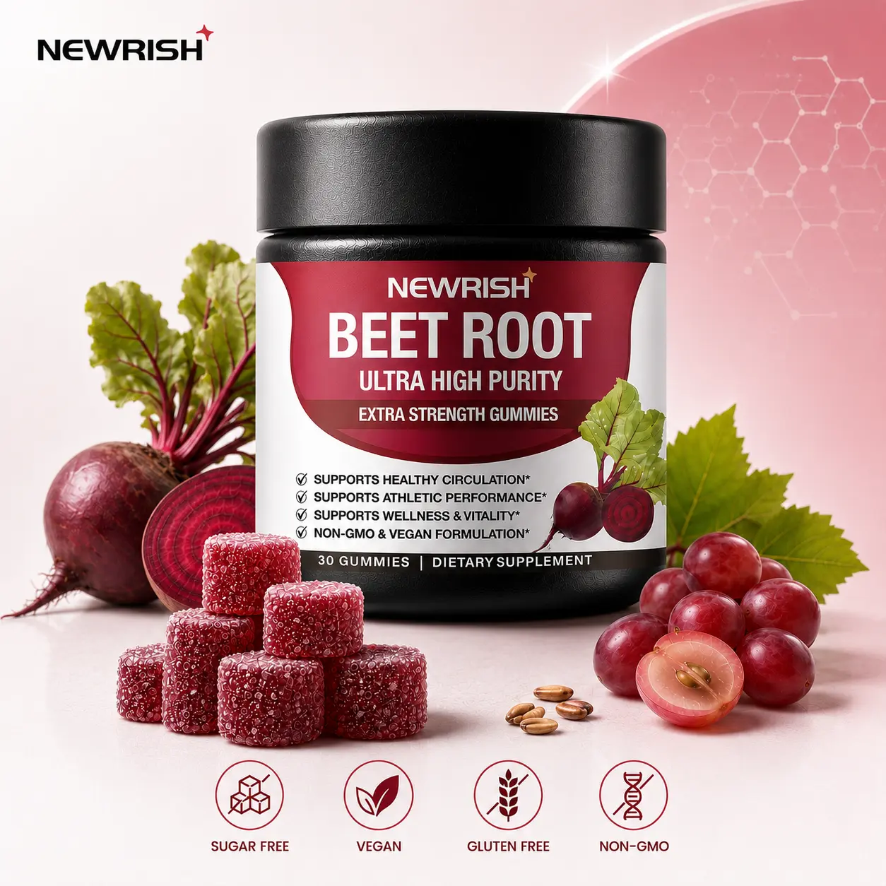 Newrish Organic Beetroot Gummies-Boosts circulation, antioxidants-Boosts energy for overall health-Vegan, Non-GMO, Gluten Free Dietary Supplement-30 Gummies