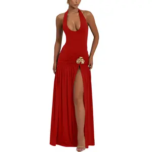 OYS Women's Elegant Sleeveless Halter V Neck Ruched Bodycon Side High Split Long Formal Party Evening Dress