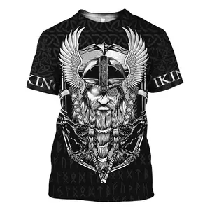 Norse Viking Warrior Full 3D Digital Print T-Shirt for Men with Thor's Hammer,  Crewneck Short Sleeve Top, Sporty Casual Printed T-shirt