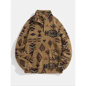 Men's Ethnic Pattern Zip Up Plush Sweatshirt, Casual Long Sleeve Pocket Collared Pullover for Winter, Fashion Men's Clothes for Daily Wear