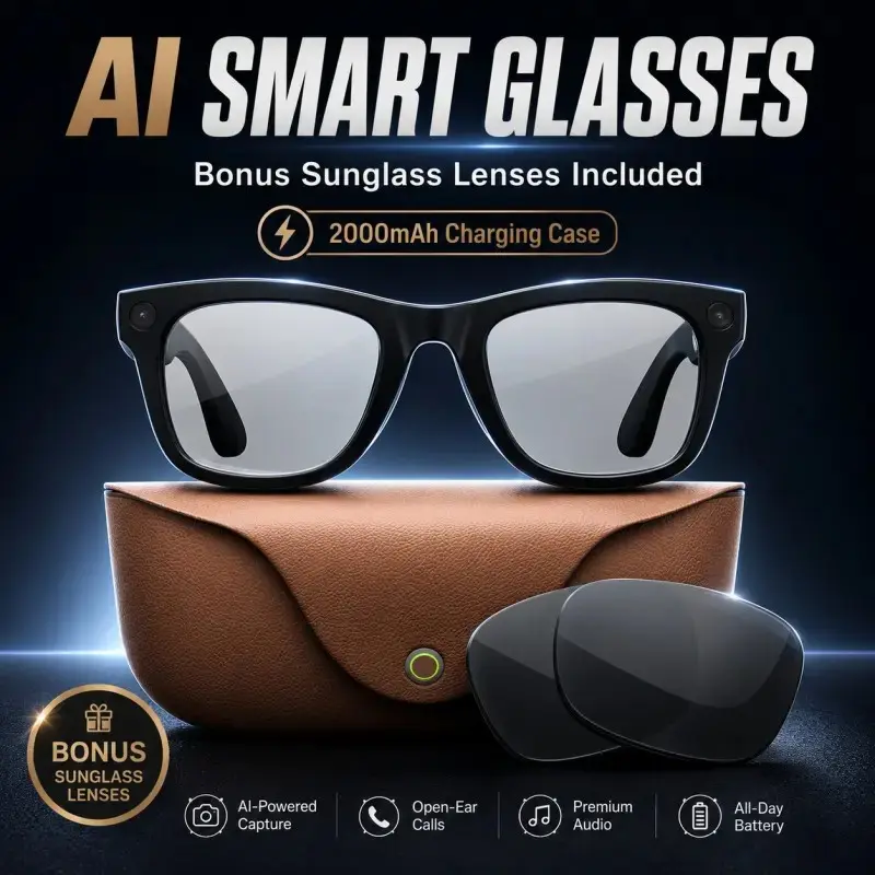 2026 New 800w Pixel HD Camera Smart Glasses, Dual Lenses, Open Ear Canal Audio, Real-Time Translation, Leather Charging Case, Travel Gift