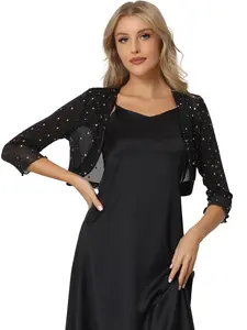 INSPIRE CHIC Star Mesh Cardigan Women's Metallic Long Sleeve Party Crop Sheer Bolero Shrug