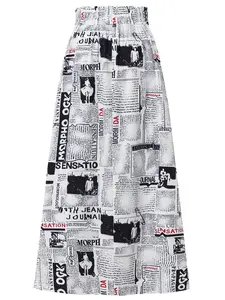 Daily Casual Print Midi Skirt, Newspaper Print Elastic Waist A-Line Mid-Length Skirt, Comfortable and Stylish Women's Fashion