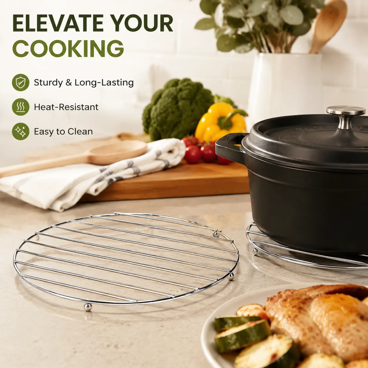 1 Count, thickened stainless steel heat insulated trivet, easy to clean, for placing hot cookware and protecting kitchen countertops