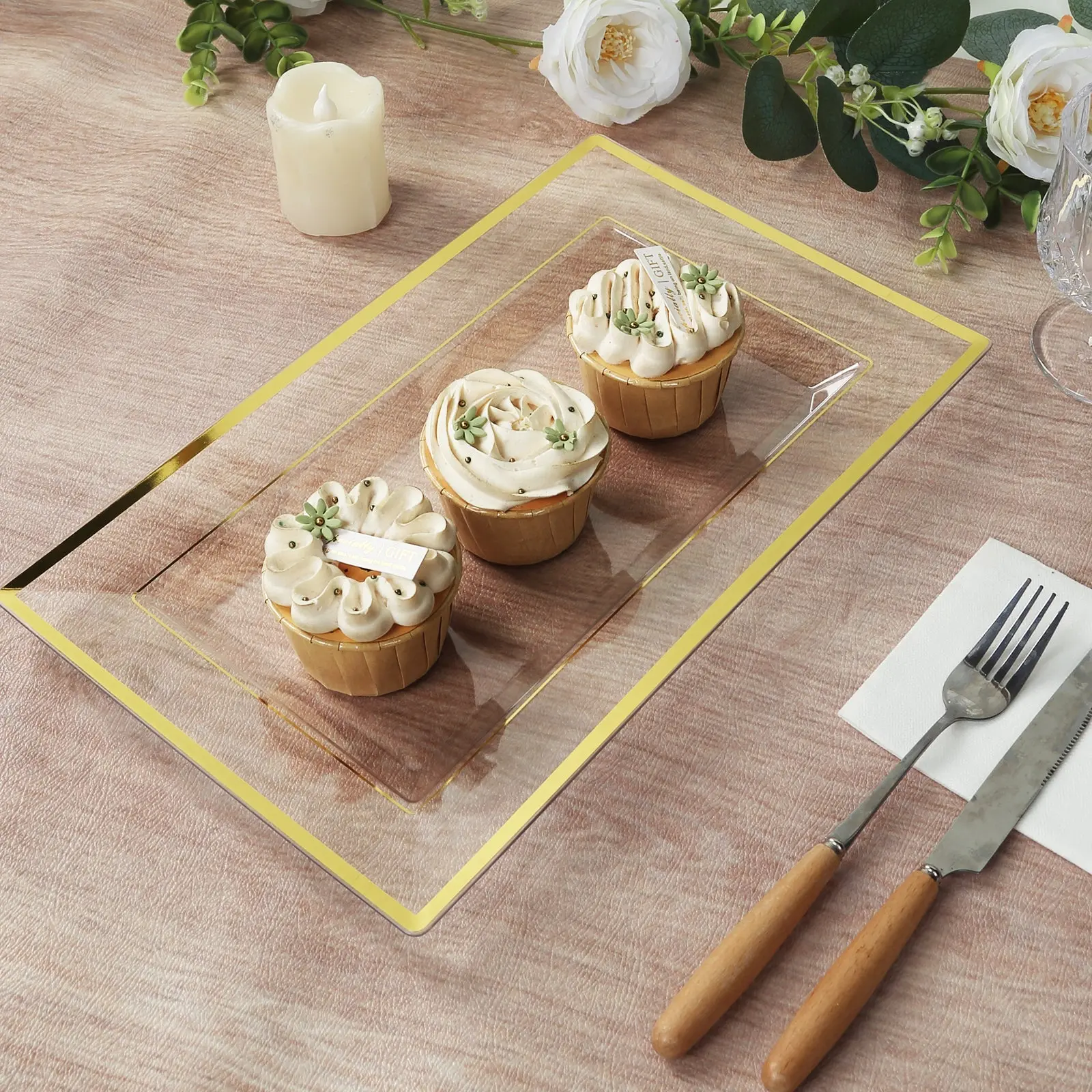 BPA-Free Rectangular Plastic Serving Plates with Gold Rim, 10-Pack 13"x8" Durable Reusable Modern Kitchenware Trays for Birthday, Party Events