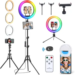 13" Selfie Ring Light with 63" Stand and 3 Phone Holder, 53 Lighting Modes, iPad Holder, Remote, Desk Tripod, RGB Ringlight for .  Circle Led Halo Light Photo Video Kit