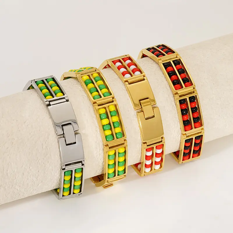 Unisex 18 Karat Gold-Plated Double-Layer Natural Stone Bead Stainless Steel Bangle, Bohemian Stackable Costume Jewelry, Colorful Dopamine Novelty Gifting Accessory