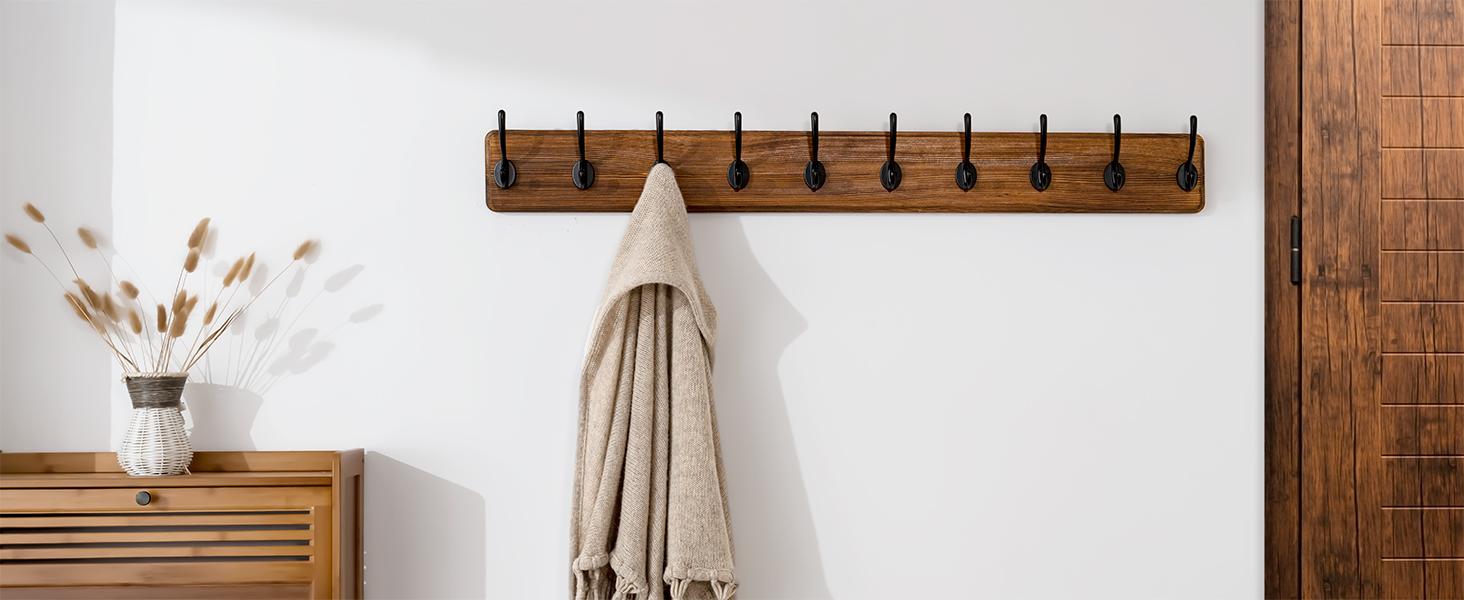 Farmhouse Style Wall Mounted Coat Rack, 38.6'' Pine Wood Coat Hook Hanger - 10 for Clothes Robes Towels