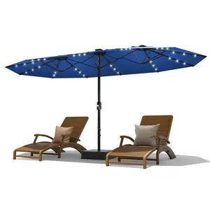 Solar LED Double-Sided Patio Umbrella 15FT – Rectangular Outdoor Shade with UV Protection, Waterproof & Windproof Canopy, Heavy-Duty Frame, Crank System, Base and Sandbag for Garden, Pool, Deck, Backyard