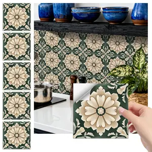 24PCS FHZ Classic Art Tile Stickers | Dark Green-Beige Floral PET Matte Peel-and-Stick Backsplash | Waterproof Oil-Proof for Home & Office DIY Renovation