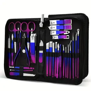 30-Piece Blue-Red Gradient Nail Clipper Set Stainless Steel Manicure Tool Kit with Splash-Proof Nail Clippers, Scissors & Cuticle Tools Comes with Storage Case