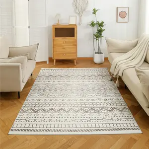 Boho  Area Rugs for Living Room Machine Washable, Non-Slip Backing, Vintage Moroccan Carpet for Bedroom, Dining Room, Office Indoor, Beige