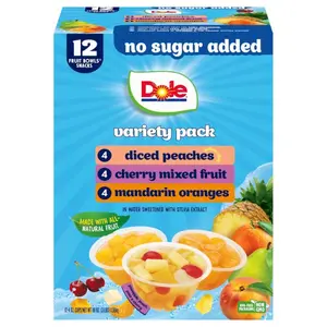 Peaches, Mandarin Oranges, and Cherry Mixed Fruit with No Sugar Added Variety Pack - Dole Fruit Bowls Snacks - 4 oz Bowls - 12 Pack