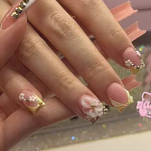 Nude Pink Shimmer French Short Press On Nails, 3D White Floral with Pearl and Rhinestone Accents, Fresh Gentle Style Removable False Nails with Jelly Glue and Nail File