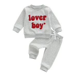 Valentines Baby Boys Two Piece Outfit Toddler Lover Boy Embroidery Waffle Striped Long Sleeve Sweatshirt Tops Jogger Pants