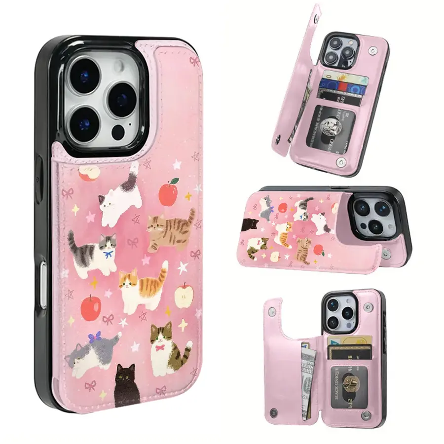 TPU Smartphone Case with Pink Mist Cat Fruit Party Design - Handheld Cellphone Cover for iPhone 16 Pro Max,16,15 Pro,14 Plus, Card Slot for Bank/Transit Cards, Practical Protection for Mobile Devices, Casing