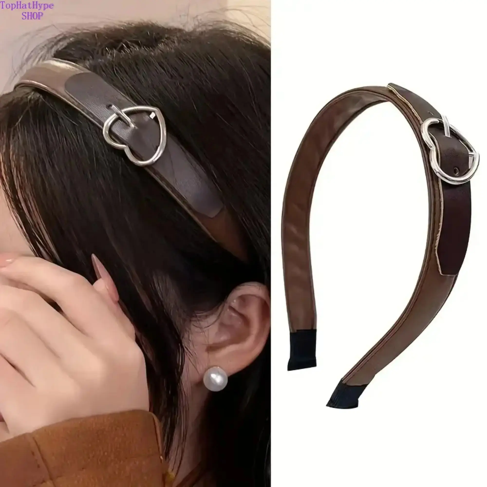 Artificial Leather Heart Shaped Headband, Non Slip Wide Hair Band with Heart Decoration, Fashion Faux Leather Hair Accessories, Elegant Daily Makeup Spa Headwear, Comfortable No Pressure Hair Band for Women Girls, Perfect for Skincare, Face Washing,