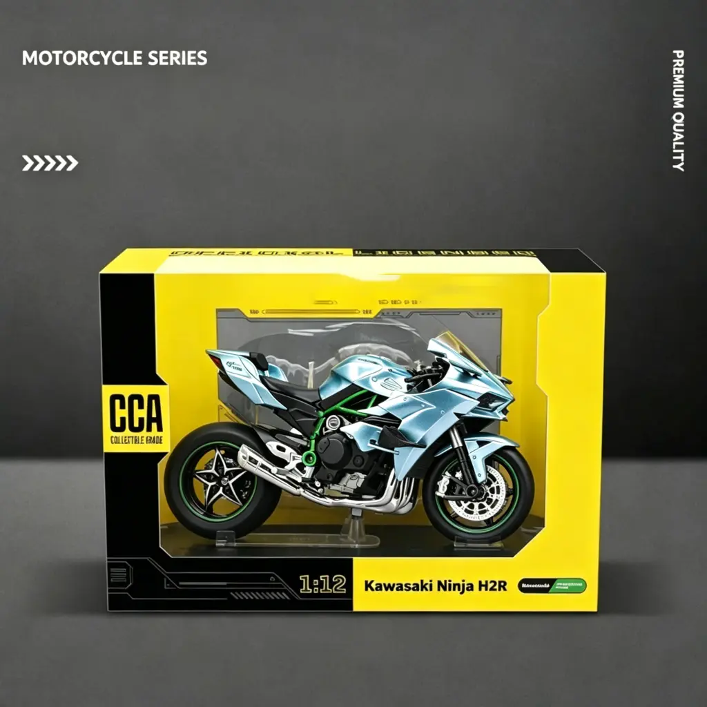 1:12 scale die-cast motorcycle model with sound and light turn signals, inspired by the H2R style blue car dashboard ornament, collectible display decor with gift box