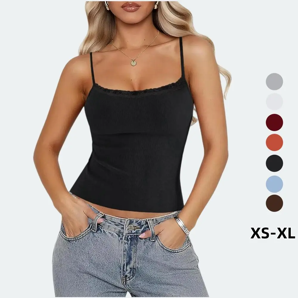 Womens Sport Lace Cami Tops Square Neck Adjustable Spaghetti Straps Cropped Tank Top Ribbed Sleeveless Summer Y2k Camisole Fit Backless streetwear Womenswear Basic Slim Fits Double-Layered Design