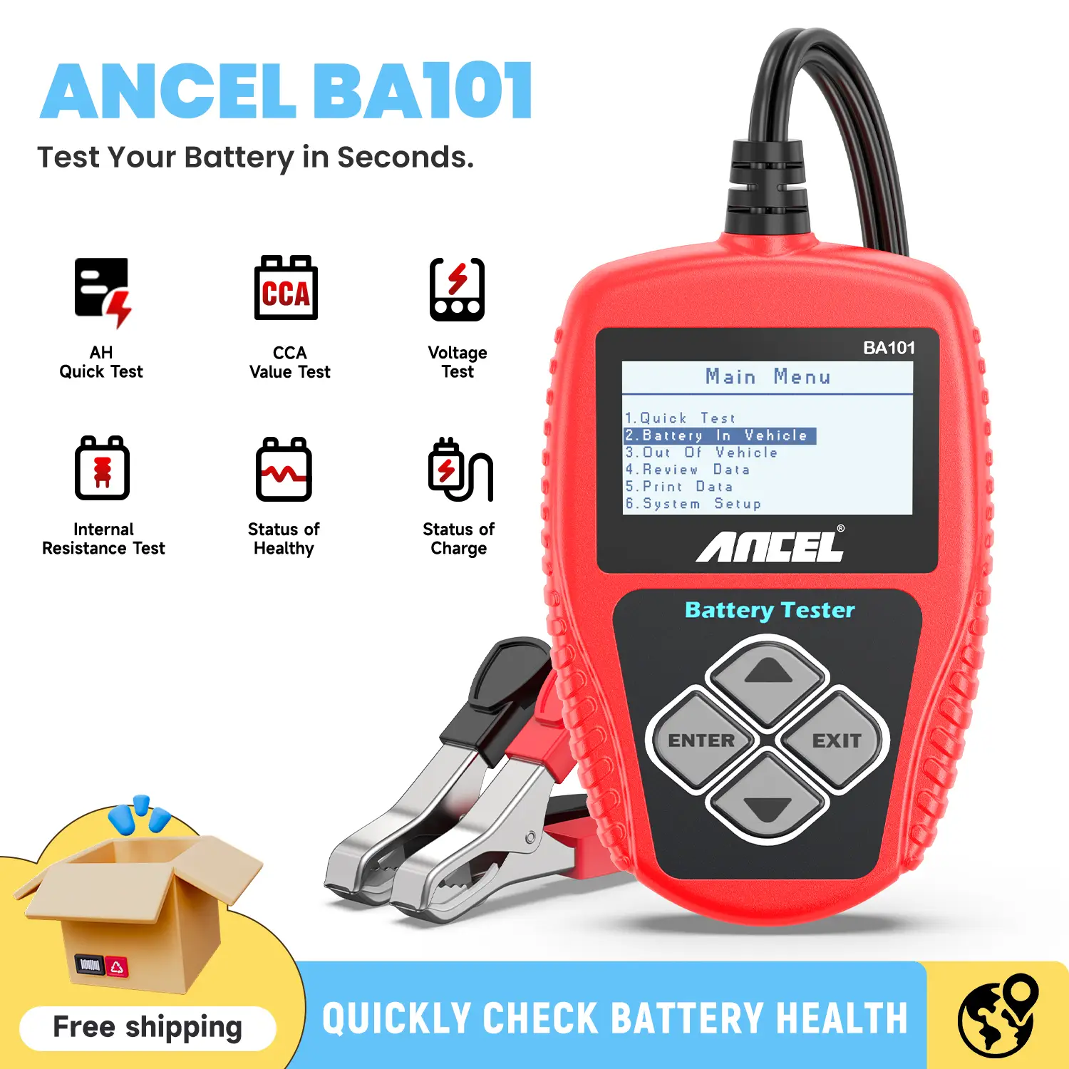 ANCEL BA101 12V Car Battery Tester - Digital Automotive Batteries & Alternator Diagnostic Tool, 100-2000 CCA Load Capacity, Charging & Cranking Analys