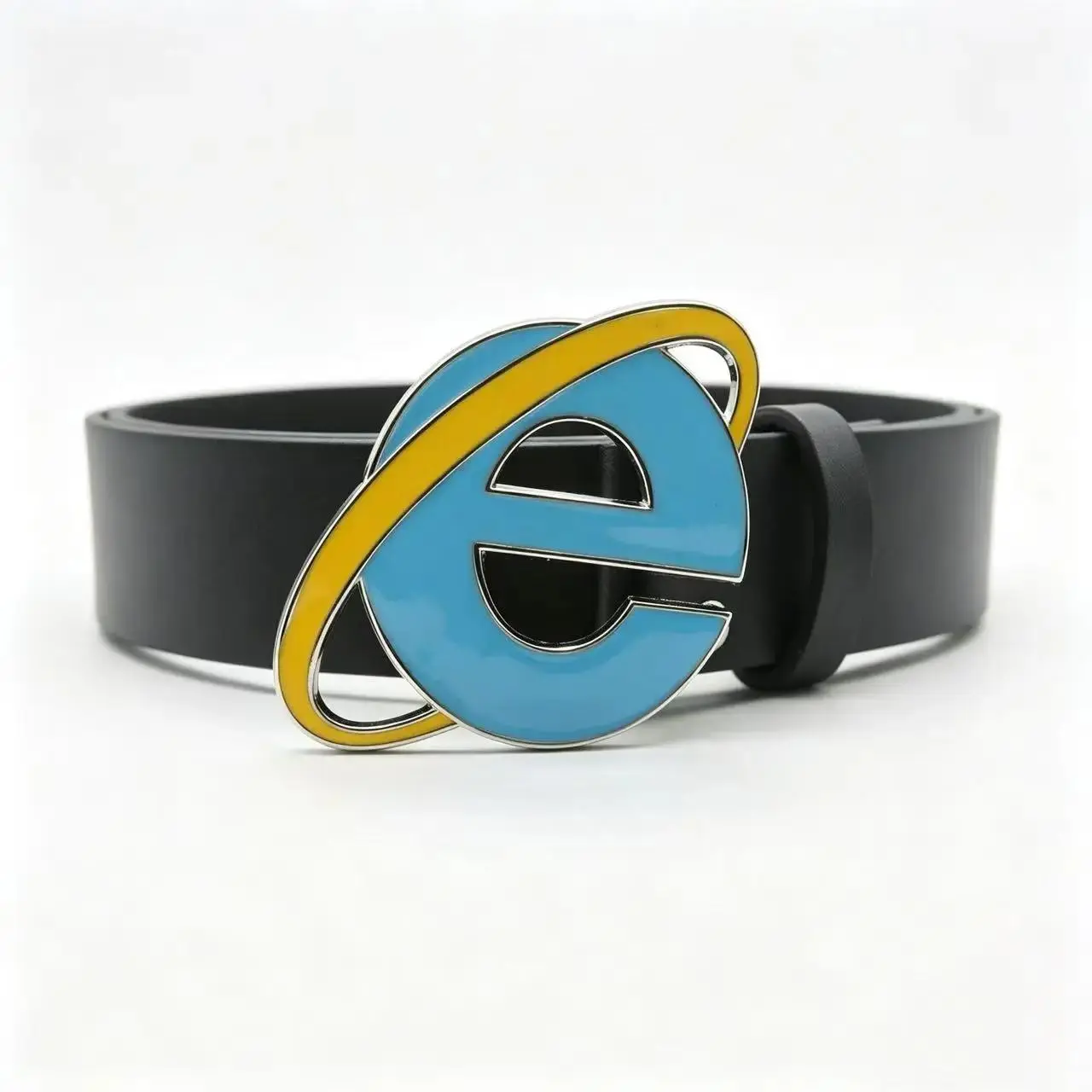 Y2K Internet Explorer Logo Belt, Chrome E Buckle Statement Accessory for Streetwear & Cosplay