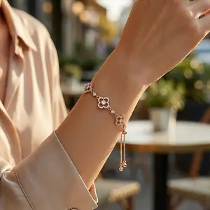 Gold Plated Clover Bracelets for Women Trendy Lucky Sliver Four Leaf Clover Bracelet Jewelry Charm Flower Pulseras Para Mujer Birthday Gifts for Women/Mom/Friends