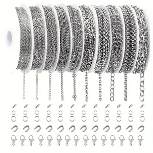 10 Roll Pack 74ft 304 Stainless Steel Chain, DIY Jewelry Making Kit, Lobster Clasp And Melon Seed Clasp Set