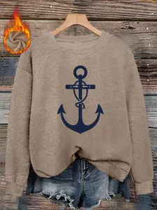 Women's Anchor Print Casual Fashion Round Neck Sweater Top, Comfortable Fitted Knitwear for Fall & Winter Seasons
