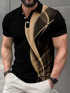 Men's Casual 3D Digital Print Short Sleeve Summer Polo Shirt Top, Menswear with Flowing Lines, Aesthetics, Perfect Gift Choice, Multifunctional Fashion Item