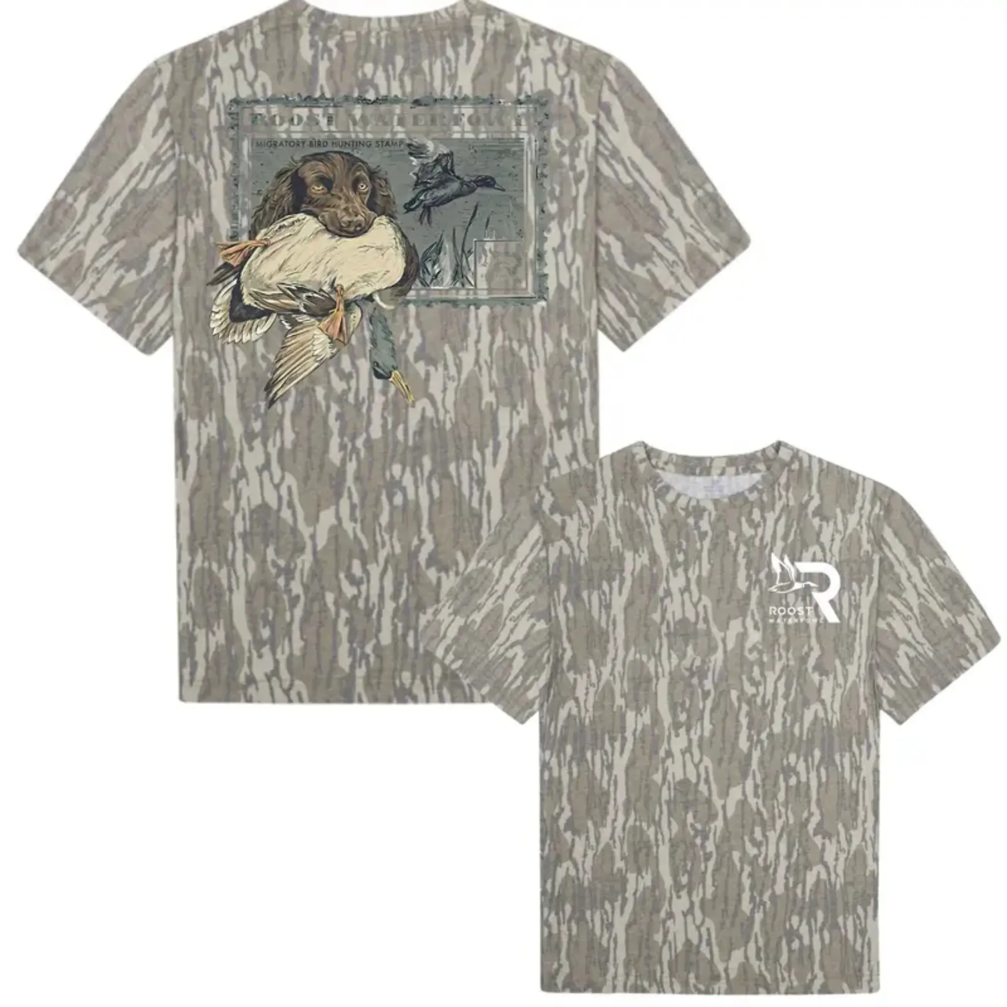 Roost Waterfowl Boykin Stamp Camouflage Mossy Oak Bottomland Washed Tee For Men And Women - Hunting Camo Shirt, Cotton Soft Breathable, Full Size S-5XL, Hiking Camping Shirt