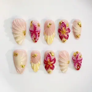 Holiday Starfish Nails/Blooming Yellow Flower Press on nails long almond nails/Burgundy Floral Nails/Yellow Nails/Summer Nails/3D Gel Nails