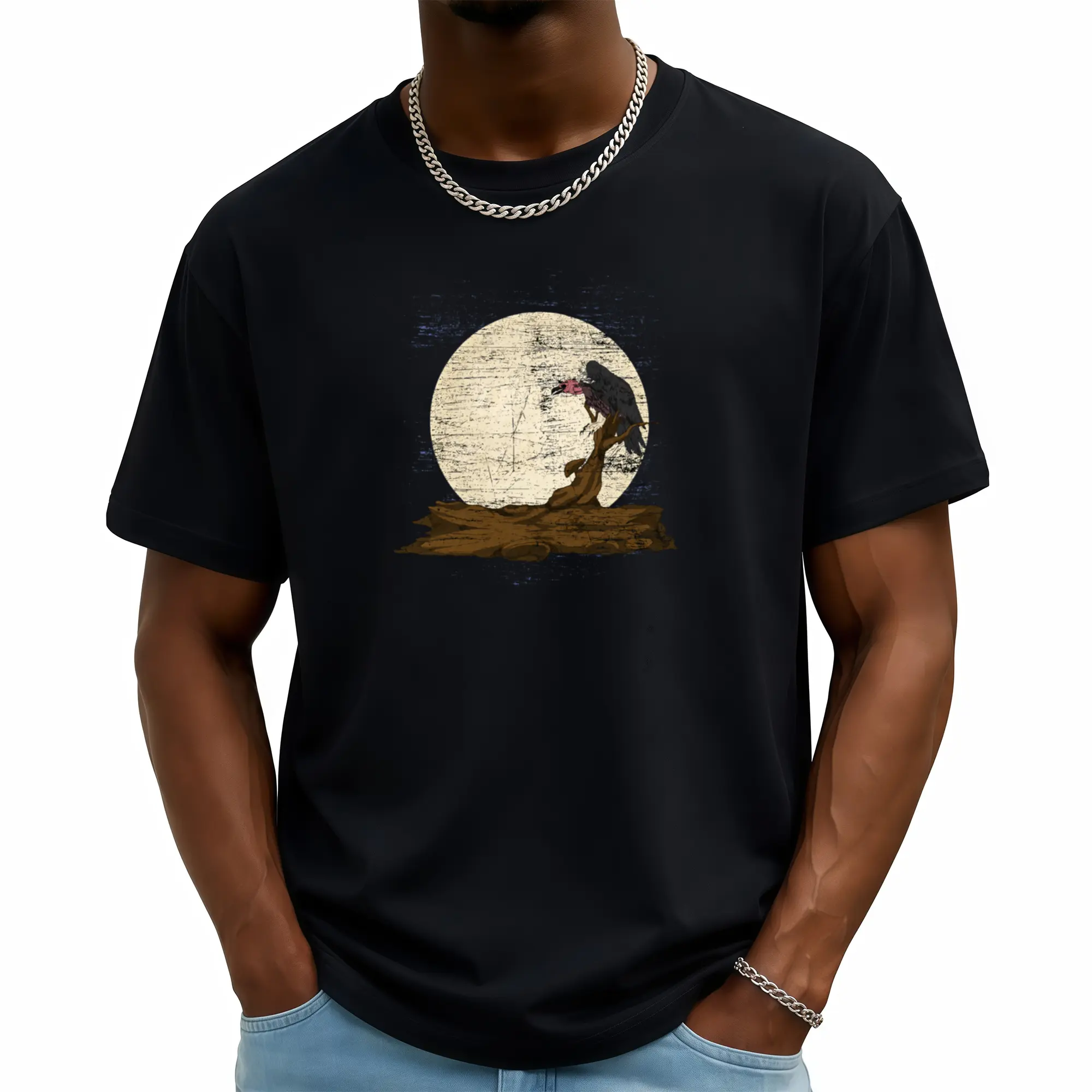 Scavenger Bird Moonlight Full Moon Turkey Vulture Vulture T-Shirt[Cool Design] Street Trending Style Women's Tee Comfortable Cotton Round Neck Shorts Same Gender Design and Sleeves Men's T Shirts