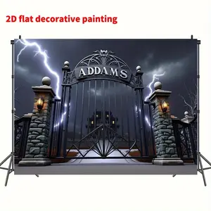 1pc 2D Flat Halloween Addams Family Mansion Banner - Gothic Horror Decor Lightning Bolt Gate Electricity Needed Easy Hang Setup Haunted House Parties Photo Backdrops Spooky Events - Durable Polyester
