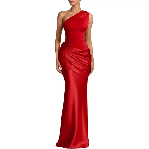 OYS Women's Sexy One Shoulder Asymmetrical Pleated Formal Evening Gown Maxi Dress