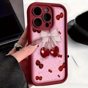 Cherry and Pink Bow Background Case for iPhone 17 Pro Max 16 16e 15 14 Plus 13 12 Mini 11 Air XR X XS Pattern Soft TPU Rubber Camera Protection Rugged Mobile Phone Cover Gift
