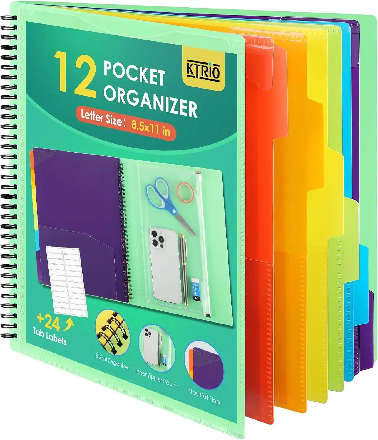 KTRIO 12-Pocket Polypropylene Document Organizer Binder, Letter Size Spiral Binder with Zipper, Green, Label & Replaceable Tabs