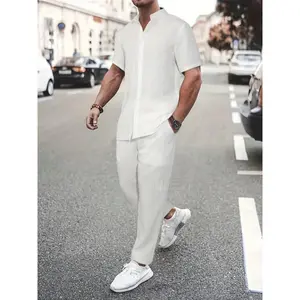 Men'sCasualWaveStripeShortSleeve&LongPantsSet-Polyester,MachineWashable,RoundNeck