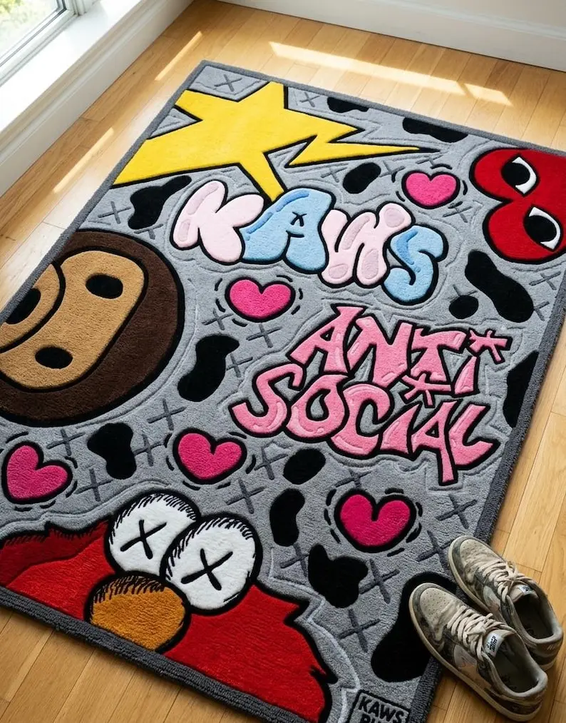 Colorful Street Art DOORMAT, Kaws Inspired Carpets, Luxury Hypebeast Decor