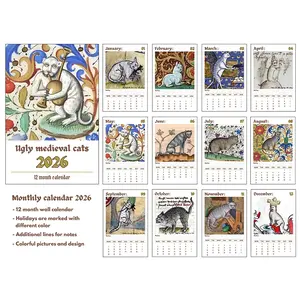 2026 Ugly Medieval Cats Wall Calendar, 12-Month Paper Planner with Quirky Cat Artwork, Inspired by Historical Manuscripts, Monthly Calendar