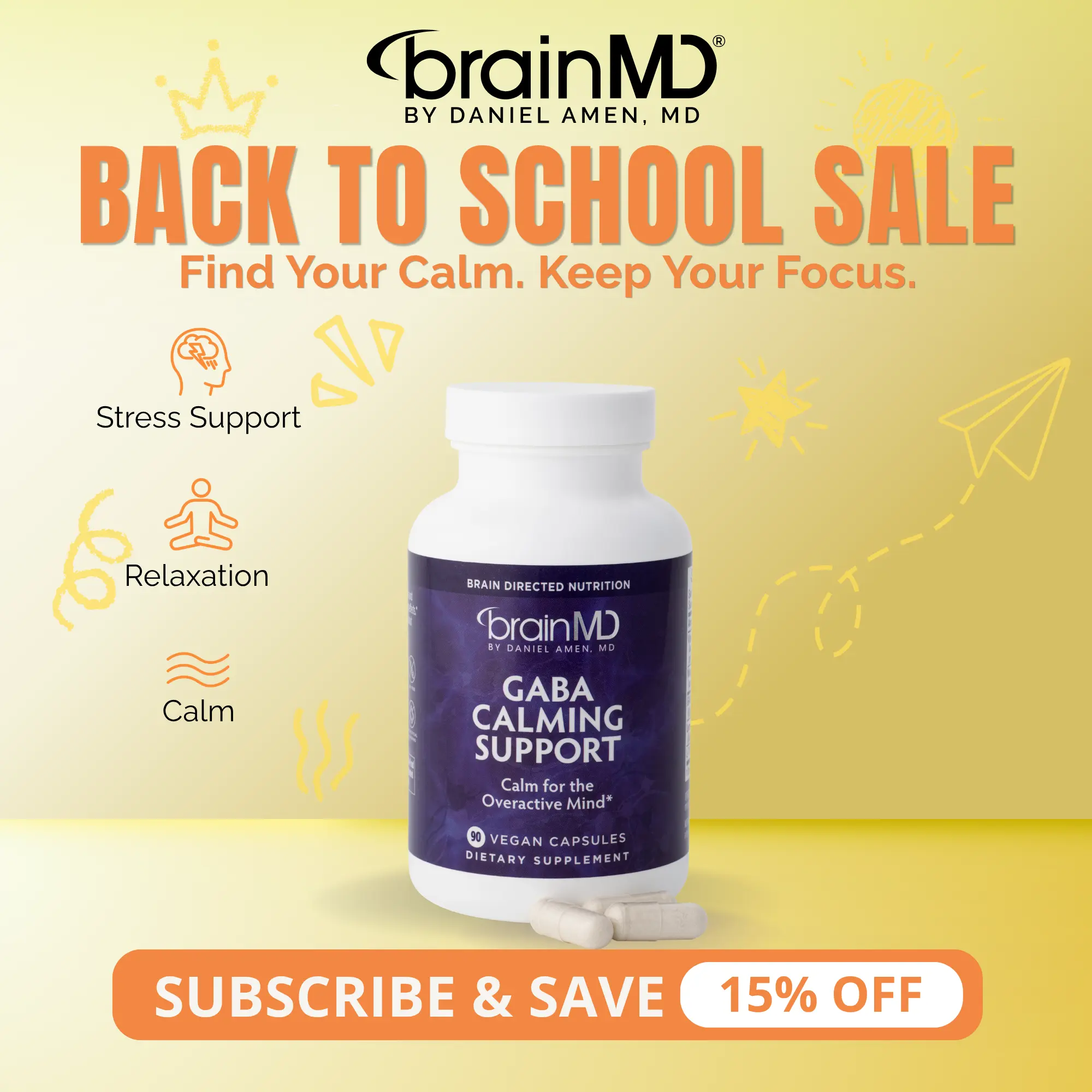 GABA Calming Support | BrainMD | 90 Capsules | Calm & Stress Support | Relaxation, Focus & Emotional Balance | GABA with L-Theanine, Lemon Balm & Magnesium