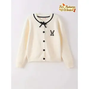 Cozy Cream Cardigan with Black Trim & Bow Long Sleeve Button-Up Embroidery Soft Pullover Fall & Winter Casual Style Perfect Outdoor