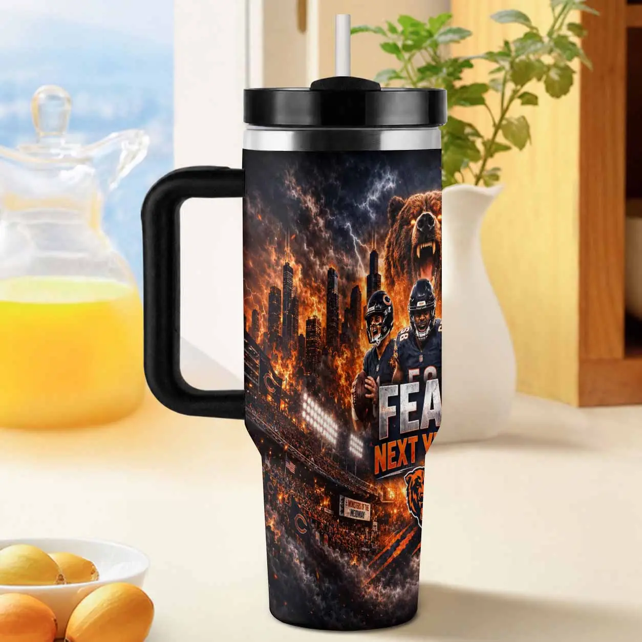 Chicago Football 40oz Tumbler. Fierce Bear and Stadium Flames Print. Insulated Stainless Steel. Double Wall Vacuum Sealed. Leak Proof Lid. Perfect for Game Day Tailgating. Ideal for Office Desk.
