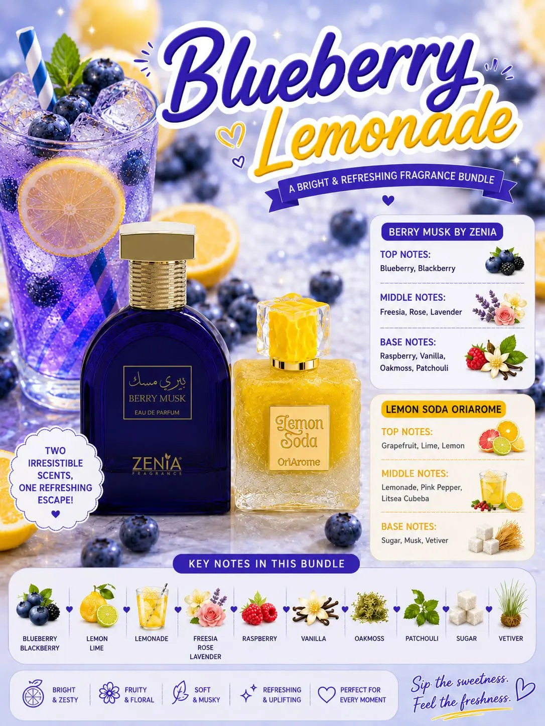 (2pc Blueberry Lemonade Bundle) Berry Musk by Zenia + Lemon Soda by OriArome EDP Spray, 3.4oz (2pc Blueberry Lemonade Bundle) Berry Musk by Zenia + Lemon Soda by OriArome EDP Spray, 3.4oz